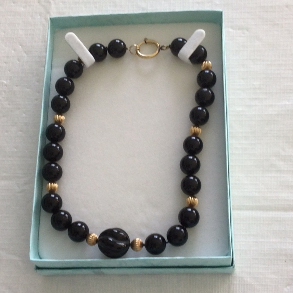 Black Ornate Onyx Beads and Gold Color beads Necklace